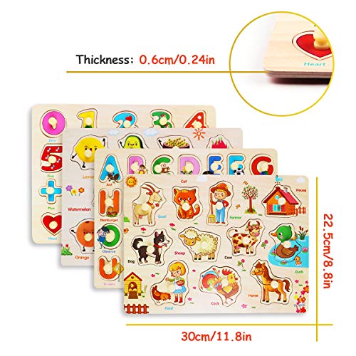 Rompecabezas de Madera Puzzle Clavijas Puzzles Conjunto de 4 Alfabeto, Número, Animales y Fruta Puzzles para niños pequeños Juguete Educativo de Multicolor para Aprendizaje (4)