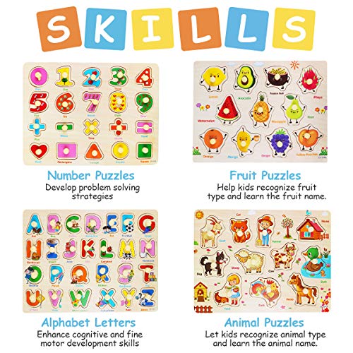 Rompecabezas de Madera Puzzle Clavijas Puzzles Conjunto de 4 Alfabeto, Número, Animales y Fruta Puzzles para niños pequeños Juguete Educativo de Multicolor para Aprendizaje (4) Rompecabezas de Madera Puzzle Clavijas Puzzles Conjunto de 4 Alfabeto, Número, Animales y Fruta Puzzles para niños pequeños Juguete Educativo de Multicolor para Aprendizaje (4)