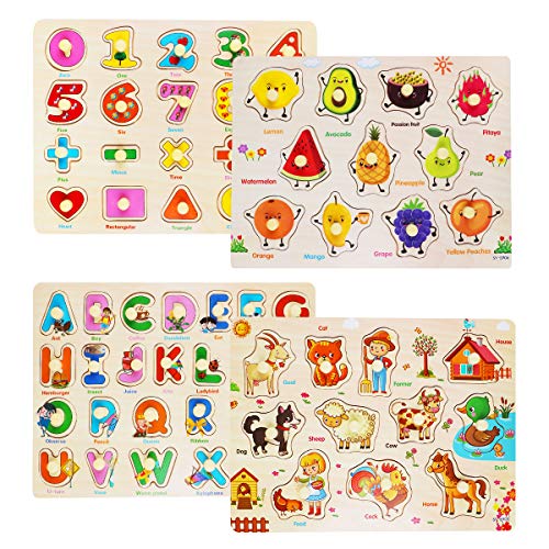 Rompecabezas de Madera Puzzle Clavijas Puzzles Conjunto de 4 Alfabeto, Número, Animales y Fruta Puzzles para niños pequeños Juguete Educativo de Multicolor para Aprendizaje (4) Rompecabezas de Madera Puzzle Clavijas Puzzles Conjunto de 4 Alfabeto, Número, Animales y Fruta Puzzles para niños pequeños Juguete Educativo de Multicolor para Aprendizaje (4)