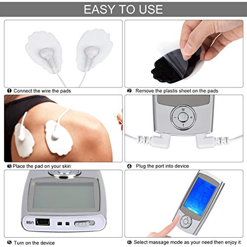 ROOTOK TENS/EMS Electroestimulador Digital, para aliviar el Dolor Muscular y el fortalecimiento Muscular, Masaje, Pantalla LCD, 2 Canales, 8 electrodos autoadhesivos, Color Plata