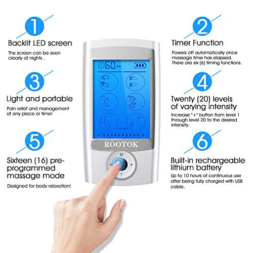 ROOTOK TENS/EMS Electroestimulador Digital, para aliviar el Dolor Muscular y el fortalecimiento Muscular, Masaje, Pantalla LCD, 2 Canales, 8 electrodos autoadhesivos, Color Plata ROOTOK TENS/EMS Electroestimulador Digital, para aliviar el Dolor Muscular y el fortalecimiento Muscular, Masaje, Pantalla LCD, 2 Canales, 8 electrodos autoadhesivos, Color Plata