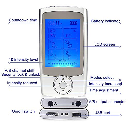 ROOTOK TENS/EMS Electroestimulador Digital, para aliviar el Dolor Muscular y el fortalecimiento Muscular, Masaje, Pantalla LCD, 2 Canales, 8 electrodos autoadhesivos, Color Plata ROOTOK TENS/EMS Electroestimulador Digital, para aliviar el Dolor Muscular y el fortalecimiento Muscular, Masaje, Pantalla LCD, 2 Canales, 8 electrodos autoadhesivos, Color Plata