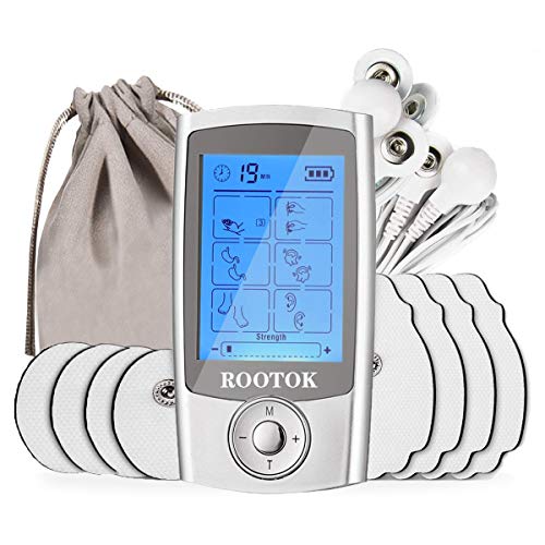 ROOTOK TENS/EMS Electroestimulador Digital, para aliviar el Dolor Muscular y el fortalecimiento Muscular, Masaje, Pantalla LCD, 2 Canales, 8 electrodos autoadhesivos, Color Plata ROOTOK TENS/EMS Electroestimulador Digital, para aliviar el Dolor Muscular y el fortalecimiento Muscular, Masaje, Pantalla LCD, 2 Canales, 8 electrodos autoadhesivos, Color Plata