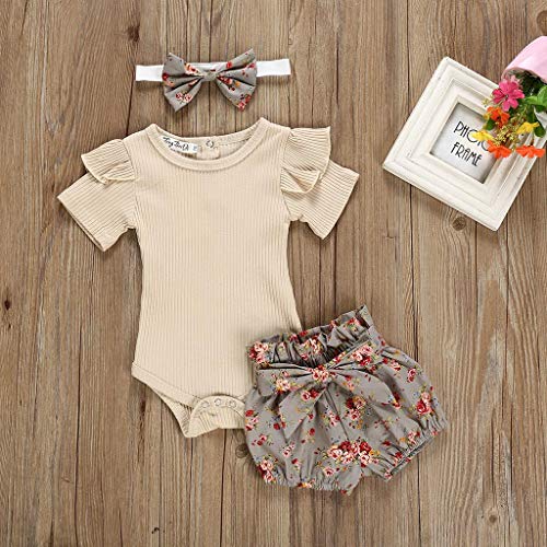 Ropa Bebe Niña Verano Fossen Recién Nacido 0 a 24 Meses Monos con Volantes y Florales Pantalones Cortos,Conjunto/2PC (Khaki, 0-6 Meses)