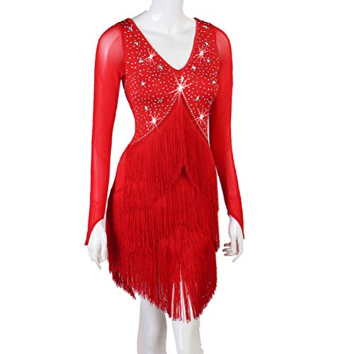 Ropa de Baile de Manga Larga de Hilo Neto Vestido de Rendimiento de Baile Latino con Cristal de Diamantes de Imitación Falda Flecos Swing Strenchy Spandex Zumba Tango Cha Cha para Damas,Rojo,XXL