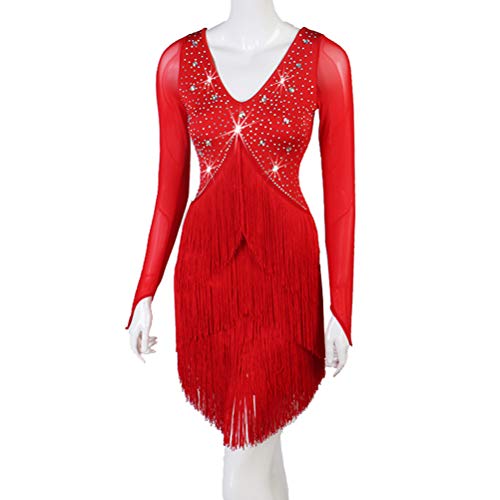 Ropa de Baile de Manga Larga de Hilo Neto Vestido de Rendimiento de Baile Latino con Cristal de Diamantes de Imitación Falda Flecos Swing Strenchy Spandex Zumba Tango Cha Cha para Damas,Rojo,XXL