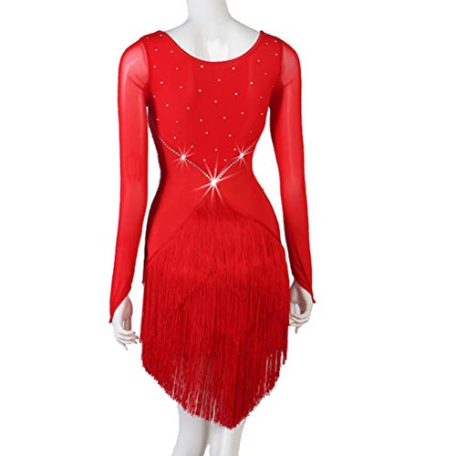 Ropa de Baile de Manga Larga de Hilo Neto Vestido de Rendimiento de Baile Latino con Cristal de Diamantes de Imitación Falda Flecos Swing Strenchy Spandex Zumba Tango Cha Cha para Damas,Rojo,XXL