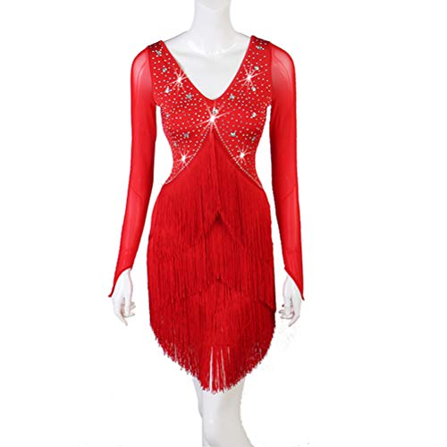 Ropa de Baile de Manga Larga de Hilo Neto Vestido de Rendimiento de Baile Latino con Cristal de Diamantes de Imitación Falda Flecos Swing Strenchy Spandex Zumba Tango Cha Cha para Damas,Rojo,XXL