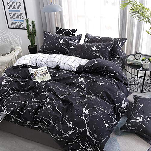 Ropa de Cama 3 Piezas (1 Funda nórdica y 2 Fundas de Almohada) Mármol Negro Blanco Geometría Enrejado Mármol Moderno Estilo nórdico (Negro, 150x200 cm - Cama 90)