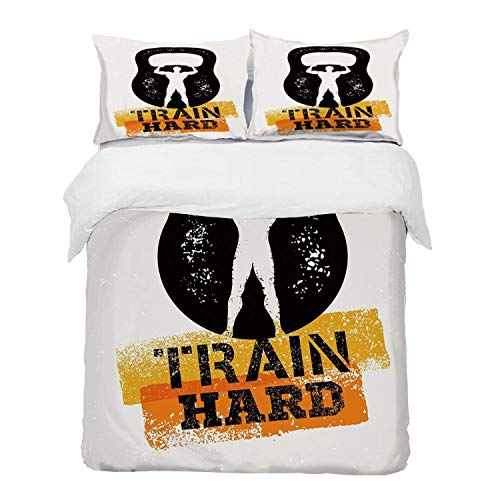 ropa de cama - Juego de funda nórdica, Fitness, Pantalla dañada envejecida Kettlebell Muscular Athletic Man Silhouette Train Hard Dec, Juego de funda nórdica de microfibra hipoalergénica con 2 Funda d