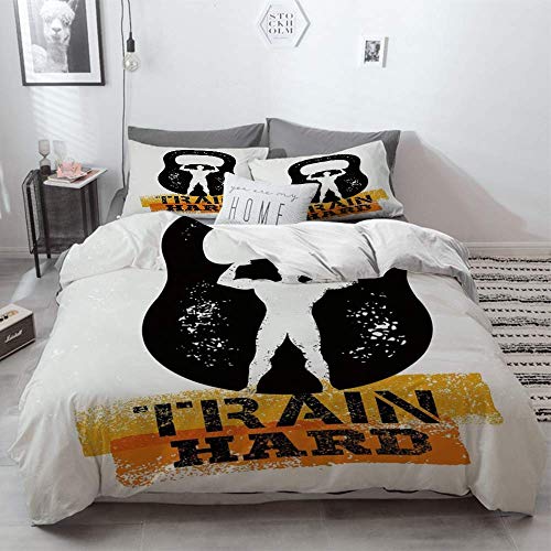 ropa de cama - Juego de funda nórdica, Fitness, Pantalla dañada envejecida Kettlebell Muscular Athletic Man Silhouette Train Hard Dec, Juego de funda nórdica de microfibra hipoalergénica con 2 Funda d