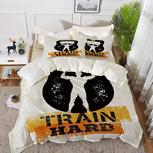 ropa de cama - Juego de funda nórdica, Fitness, Pantalla dañada envejecida Kettlebell Muscular Athletic Man Silhouette Train Hard Dec, Juego de funda nórdica de microfibra hipoalergénica con 2 Funda d