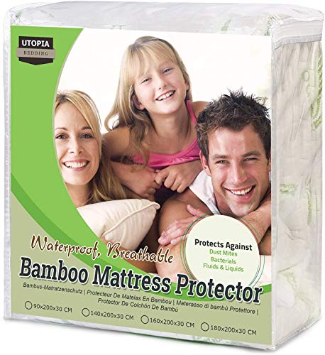 Ropa de Cama Utopía Premium 340 gsm 100% Impermeable Bambú Protector de colchón, Cubrecolchón, Transpirable, Estilo Ajustado Alrededor del elástico (150 x 200 x 30 cm)