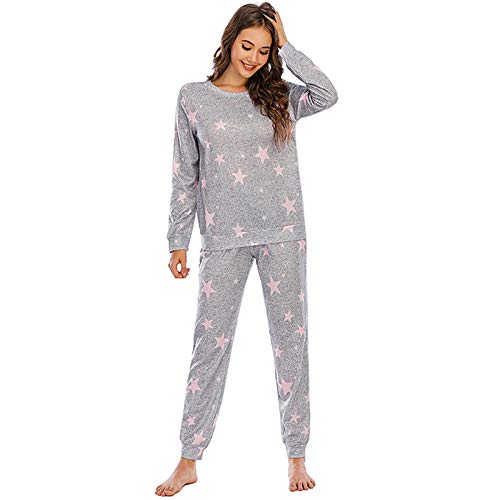 Ropa de Dormir para Mujer Pijamas Camisón Mujer Otoño E Invierno Cuello Redondo Pantalones de Manga Larga Pijamas de Cintura Ajustable Traje de 2 Piezas Se Puede Usar en el Exterior,Gray pink,XXL