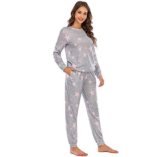 Ropa de Dormir para Mujer Pijamas Camisón Mujer Otoño E Invierno Cuello Redondo Pantalones de Manga Larga Pijamas de Cintura Ajustable Traje de 2 Piezas Se Puede Usar en el Exterior,Gray pink,XXL