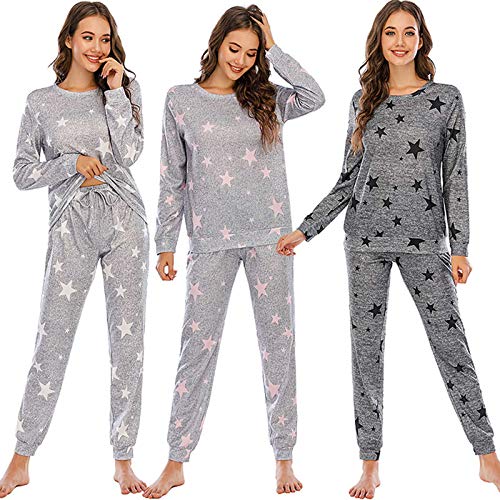 Ropa de Dormir para Mujer Pijamas Camisón Mujer Otoño E Invierno Cuello Redondo Pantalones de Manga Larga Pijamas de Cintura Ajustable Traje de 2 Piezas Se Puede Usar en el Exterior,Gray pink,XXL