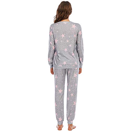 Ropa de Dormir para Mujer Pijamas Camisón Mujer Otoño E Invierno Cuello Redondo Pantalones de Manga Larga Pijamas de Cintura Ajustable Traje de 2 Piezas Se Puede Usar en el Exterior,Gray pink,XXL