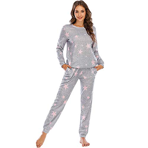 Ropa de Dormir para Mujer Pijamas Camisón Mujer Otoño E Invierno Cuello Redondo Pantalones de Manga Larga Pijamas de Cintura Ajustable Traje de 2 Piezas Se Puede Usar en el Exterior,Gray pink,XXL