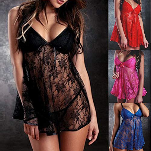 Ropa de Dormir para Mujeres,SHOBDW Regalo del día de San Valentín Sexy Ladies Lingerie Babydoll Tangas Camisola Talla Grande Vestido de Encaje Vestido Ropa de Dormir 2 PCS(Rosa,XL)