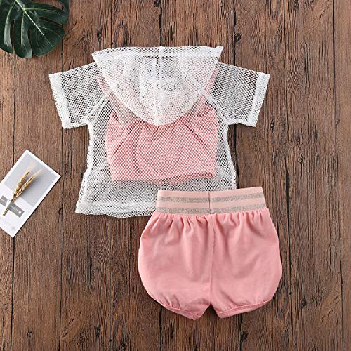 Ropa Deporte para Niña Conjuntos 3 Piezas 1 Chaqueta Malla Transparente + 1 Top con Tirantes Rosa + 1 Pantalones Cortos Rosa Deporte Verano Casual etc (Rosa, 120)