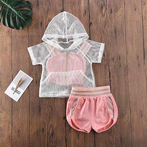 Ropa Deporte para Niña Conjuntos 3 Piezas 1 Chaqueta Malla Transparente + 1 Top con Tirantes Rosa + 1 Pantalones Cortos Rosa Deporte Verano Casual etc (Rosa, 100)