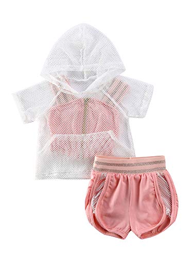 Ropa Deporte para Niña Conjuntos 3 Piezas 1 Chaqueta Malla Transparente + 1 Top con Tirantes Rosa + 1 Pantalones Cortos Rosa Deporte Verano Casual etc (Rosa, 100)