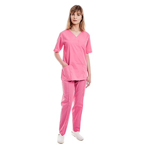 Rosa Uniformes Sanitario Pijama Mujer - 7 Tamaños A Medida Xs-3xl - Úsalo como Medico, Enfermera, Peluqueria, Veterinario, SPA, Fisioterapeuta Uniforme O De Trabajo Limpieza, Casaca Estetica Ropa