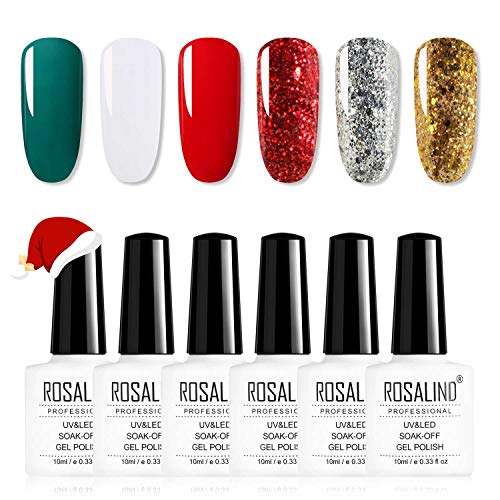 ROSALIND Esmaltes Semipermanentes de Navidad, 6 Colors Rojo Dorado Verde Bosque Blanco Esmaltes de Uñas en Gel UV LED para, Colección de El Día de los Reyes Magos 10ml