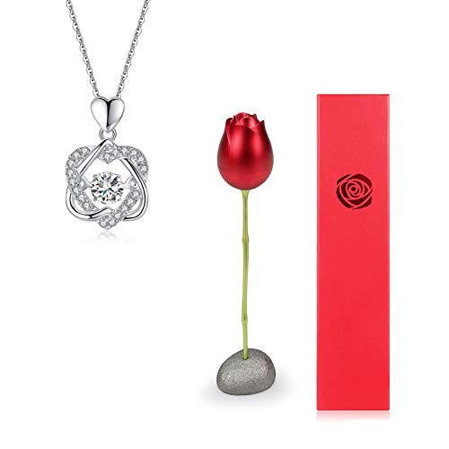 Rose Box With Necklace, S925 Fashion Rose Flower Box Collar De Cristal, Regalo Romántico Para Su Día De San Valentín y Aniversario (Oro Blanco)