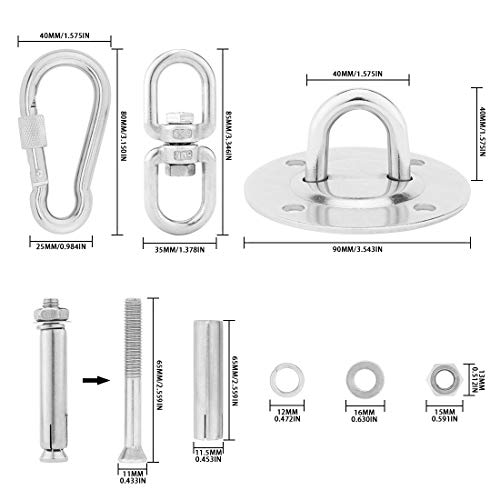 Rotación de 360 ° Ganchos para Hamaca, Ganchos de Techo, Inoxidable Anclajes de Techo, U-Tipo Gancho Fijo con Mosquetones y Tornillos, para Yoga, Hamacas, Sillón Colgante, Sacos de Boxeo