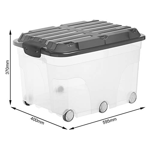 Rotho Roller 6, Caja de almacenaje de 57l con tapa y ruedas, Plástico PP sin BPA, transparente, antracita, 57l 59.5 x 40.0 x 37.0 cm