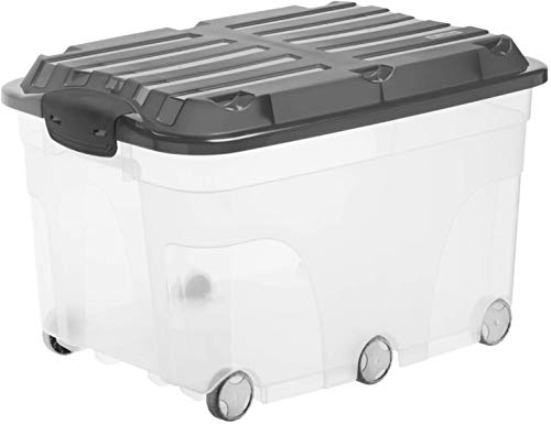 Rotho Roller 6, Caja de almacenaje de 57l con tapa y ruedas, Plástico PP sin BPA, transparente, antracita, 57l 59.5 x 40.0 x 37.0 cm Rotho Roller 6, Caja de almacenaje de 57l con tapa y ruedas, Plástico PP sin BPA, transparente, antracita, 57l 59.5 x 40.0 x 37.0 cm