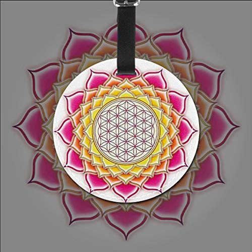 Round Travel Luggage Tags,Flower of Life Sacred Geometry Pattern Inside Lotus Petals Yoga Zen Image,Leather Baggage Tag