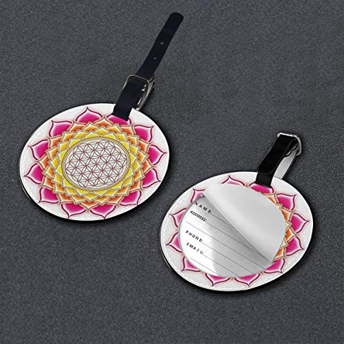 Round Travel Luggage Tags,Flower of Life Sacred Geometry Pattern Inside Lotus Petals Yoga Zen Image,Leather Baggage Tag