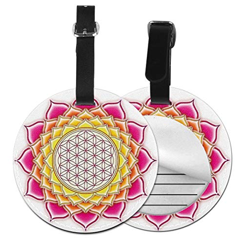 Round Travel Luggage Tags,Flower of Life Sacred Geometry Pattern Inside Lotus Petals Yoga Zen Image,Leather Baggage Tag