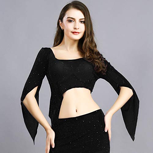 ROYAL SMEELA Tops Sexy para Mujeres Disfraz de Danza del Vientre Tops Cortos de Media Manga Danza Yoga Práctica Negro Morado Breve Suave Baile Superior Top