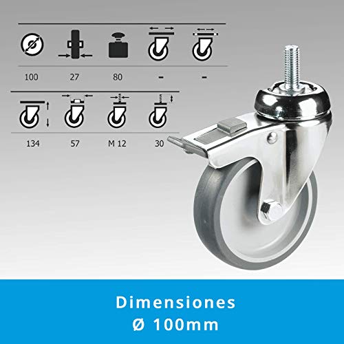 Rueda Giratoria (Ø 100mm) en Caucho PROFESIONAL CON FRENO | Soporte en Acero Inoxidable | Montaje Sencillo en Espárrago | Ruedas Caucho para Mobiliario Industrial | Ideal Muebles Hostelería