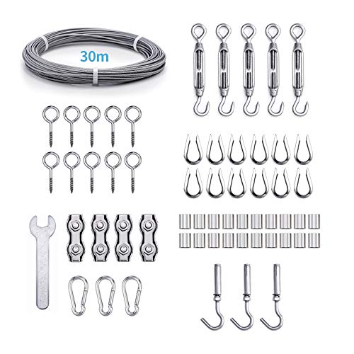 Ruesious Kit de Cuerda de Acero Inoxidable, Kit de Luces para Exteriores, Kit de Suspensión de Cuerda, Cable de Cable de 30m con Tensor y Ganchos, Cable de Acero Inoxidable Nylon Ruesious Kit de Cuerda de Acero Inoxidable, Kit de Luces para Exteriores, Kit de Suspensión de Cuerda, Cable de Cable de 30m con Tensor y Ganchos, Cable de Acero Inoxidable Nylon