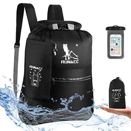 RUNACC Mochila Impermeable 20 L Flotante, con Funda Impermeable para teléfono móvil, para Playa, Kayak, Camping, navegación, natación, Pesca, Senderismo (Negro)