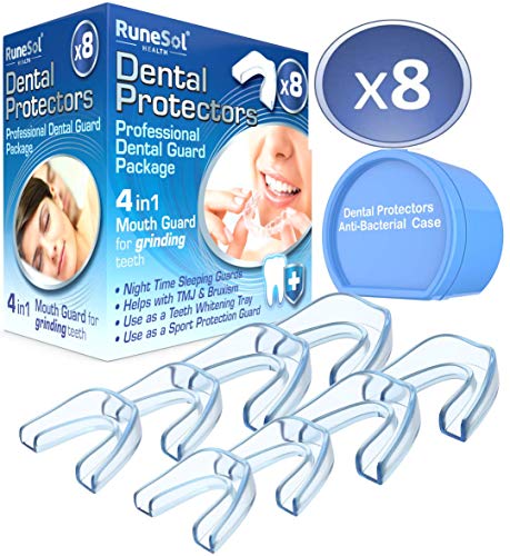Runesol Ferula dental para bruxismo (8)| 100% libre de BPA | Tecnología de fácil moldeado | Paquete de seis protectores dentales en tres tamaños | Protector dental para evitar el rechinamiento