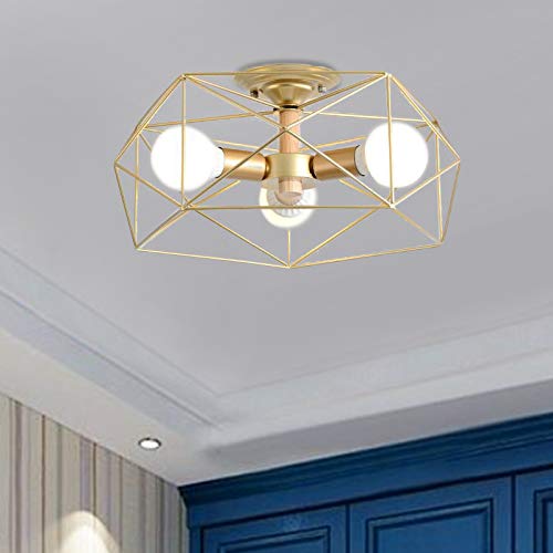 RUNNUP Lámpara de techo LED moderna geométrica jaula de oro luz de montaje semi empotrada lámpara para niños sala de estar dormitorio guardería cocina oficina iluminación interior-3 luces RUNNUP Lámpara de techo LED moderna geométrica jaula de oro luz de montaje semi empotrada lámpara para niños sala de estar dormitorio guardería cocina oficina iluminación interior-3 luces