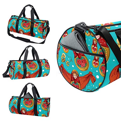 Ruso tradicional Matryoshka muñeca folk ilustración bolsa de lona bolsa de viaje para gimnasio, deportes, danza, viaje de fin de semana