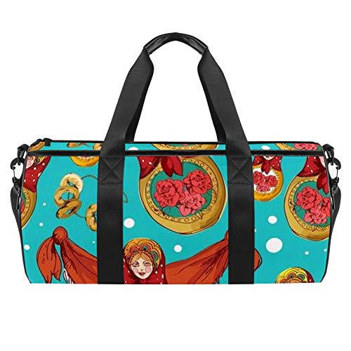 Ruso tradicional Matryoshka muñeca folk ilustración bolsa de lona bolsa de viaje para gimnasio, deportes, danza, viaje de fin de semana