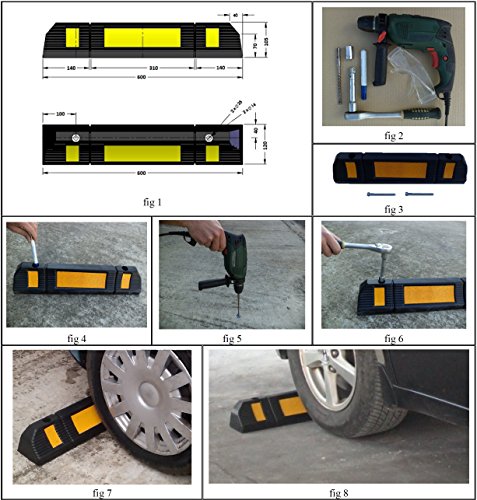 RWS-225x2 Tope para rueda de goma para estacionar en estacionamientos comerciales y domésticos y garajes privados, de color negro-amarillo, dimensiones 60x12x10 cm (paquete de 2)