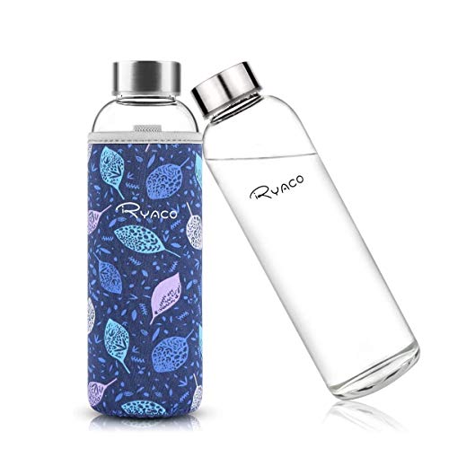 Ryaco Botella de Agua Cristal 550ml, Botella de Agua Reutilizable 18 oz, Sin BPA Antideslizante Protección Neopreno Llevar Manga y Cepillo de Esponja (Foglia BLU)