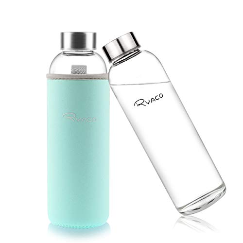 Ryaco Botella de Agua Cristal 550ml, Botella de Agua Reutilizable 18 oz, Sin BPA Antideslizante Protección Neopreno Llevar Manga y Cepillo de Esponja