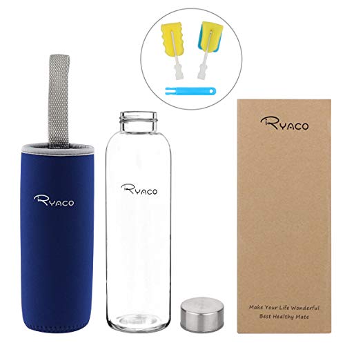 Ryaco Botella de Agua Cristal 550ml, Botella de Agua Reutilizable 18 oz, Sin BPA Antideslizante Protección Neopreno Llevar Manga y Cepillo de Esponja