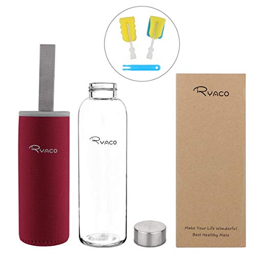 Ryaco Botella de Agua Cristal 550ml, Botella de Agua Reutilizable 18 oz, Sin BPA Antideslizante Protección Neopreno Llevar Manga y Cepillo de Esponja