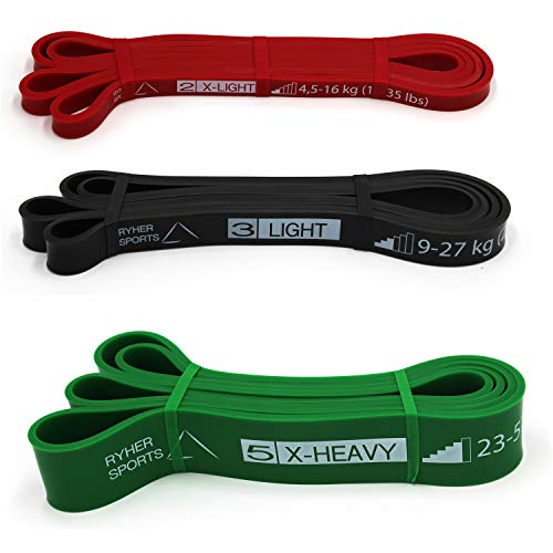 Ryher Banda elástica de Resistencia para dominadas - Banda de Ejercicios para Fitness, Crossfit, Asistente para pullups o Levantamiento de Pesas (Set de 3 Bandas - Roja, Negra y Verde)