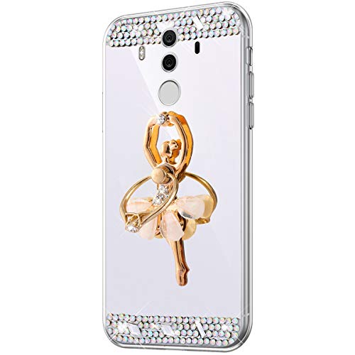 Saceebe compatible con Huawei Mate 10 pro Funda Carcasa Silicona TPU Diamante Estuche Glitter Bailarina Anillo Espejo Cáscara Diamond Silicona TPU Brillo Cover Suave Ultra Delgado,Plata/girl